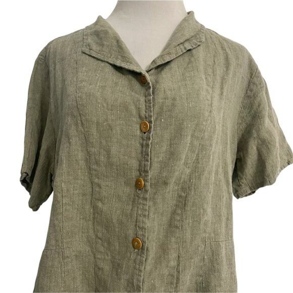 FLAX Size Medium Top Blouse Button Down Linen Short Sleeve Boho Lagenlook - Picture 2 of 6
